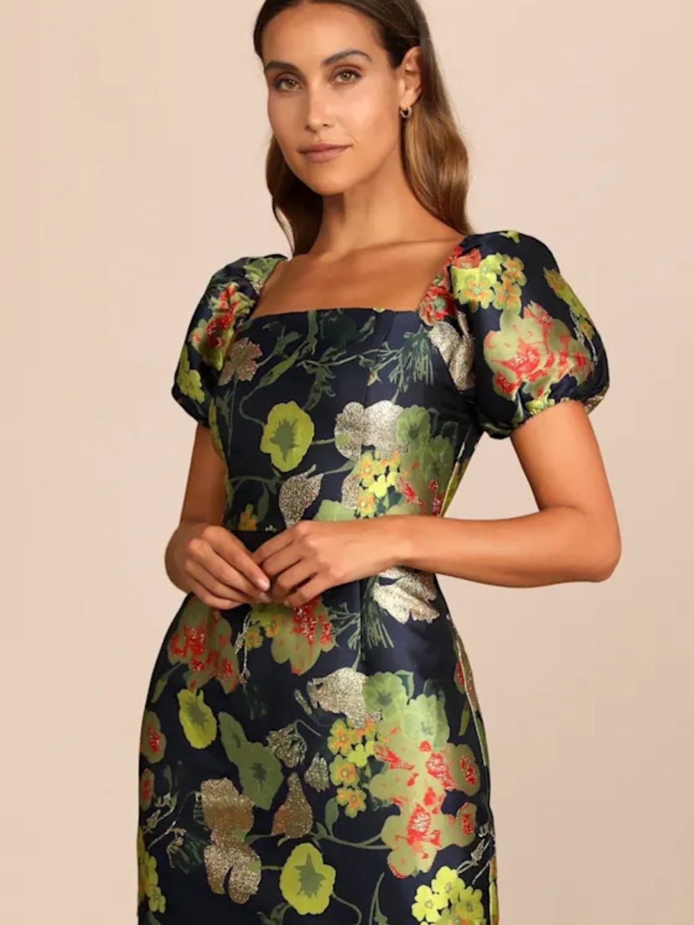 Lulu's Navy Floral Jacquard Puff-Sleeve Midi Dress with Gold Accents